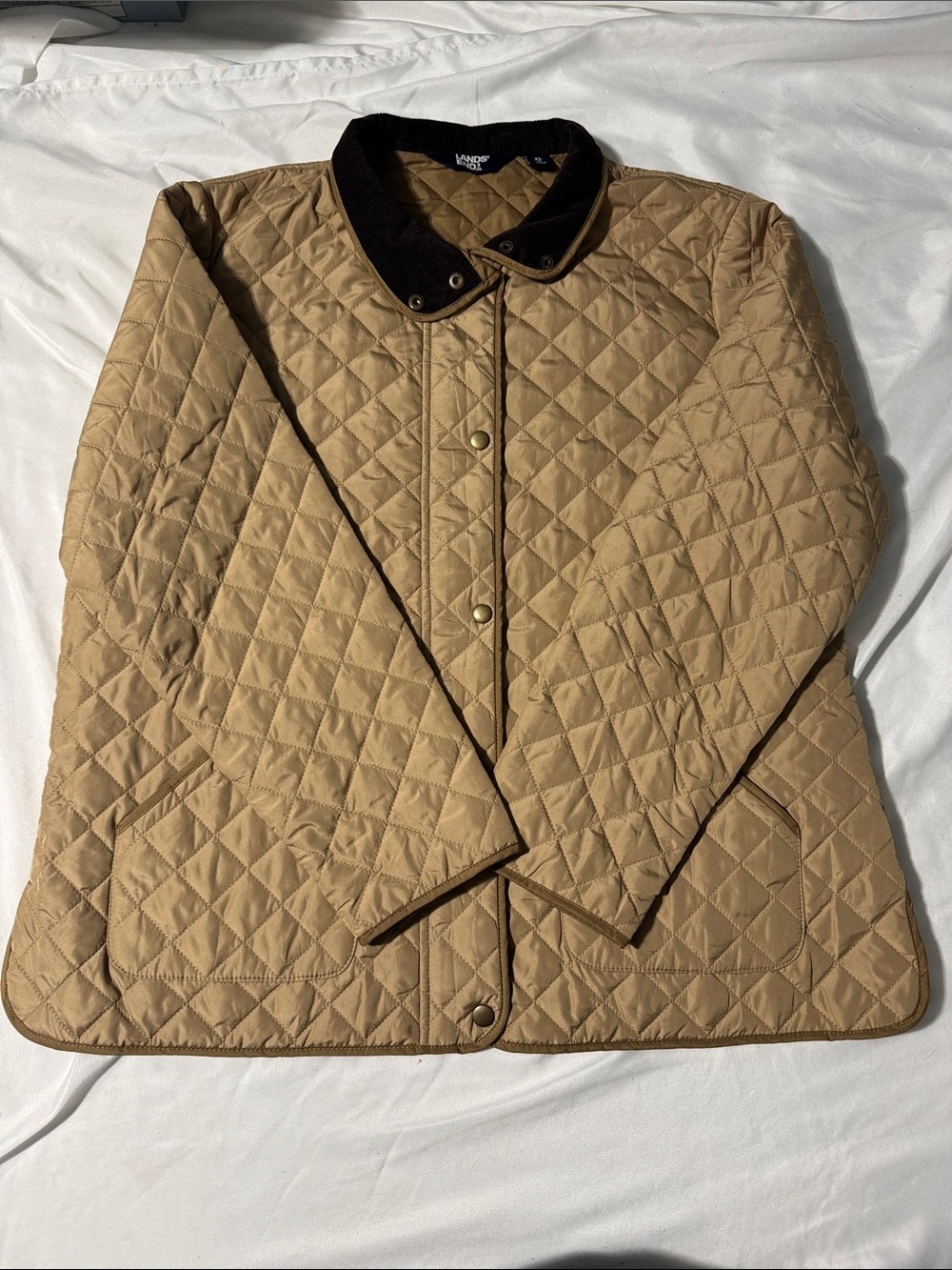 Land’s End Quilted Barn Jacket Tan Snap Front Corduroy Collar XL 18 Classic
